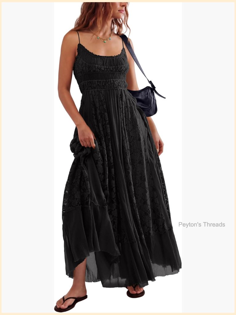 Casual Lace Floral Embroidered Bohemian Maxi Dress Flowy A Line Beach Long Dress